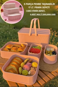5 PARÇA PEMBE TAŞINABİLİR 17 LT. PİKNİK SEPETİ